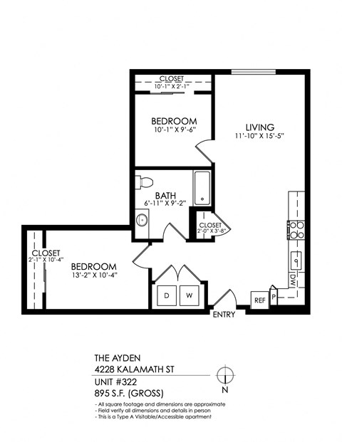 Floor plan for 2 beds, 1 bath, 895 sqft